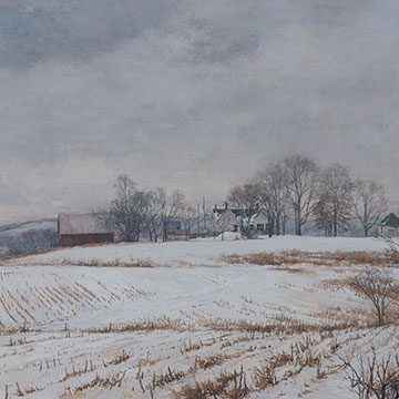 landscape painting depicting a farm during the winter - snow is covering the fields